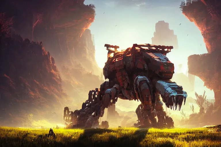 Image similar to tremortusk machine mecanical creature robot of horizon forbidden west horizon zero dawn radiating a glowing aura global illumination ray tracing hdr fanart arstation by ian pesty and alena aenami artworks in 4 k