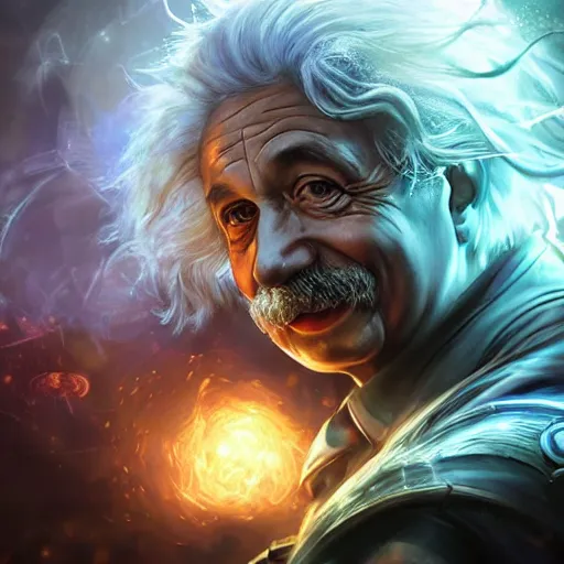 Prompt: portrait of albert einstein as a spellcaster, league of legends amazing splashscreen artwork, gears of war, splash art, natural light, elegant, photorealistic facial features, intricate, fantasy, detailed face, atmospheric lighting, anamorphic lens flare, cinematic lighting, league of legends splash art, hd wallpaper, ultra high details by greg rutkowski