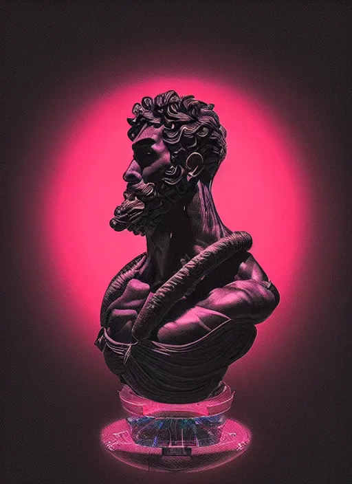 Image similar to bust of hercules, beeple, james gilleard, vaporwave, retrowave, black background, neon wiring, black, glitch, strong contrast, cuts, pinterest, trending on artstation