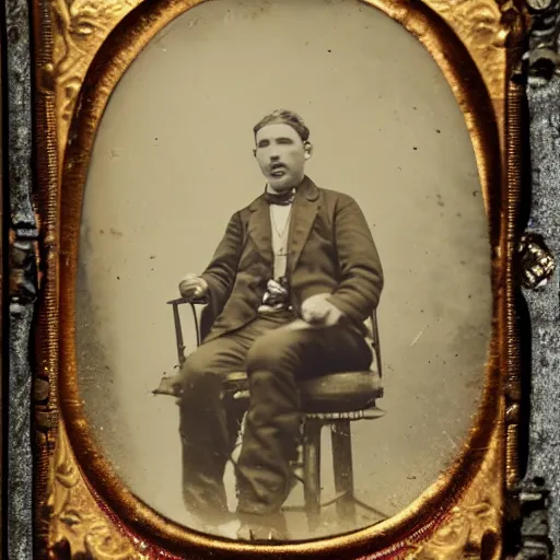 Prompt: tintype photo of a man eating a large toad