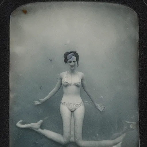 Image similar to underwater tintype photo of swimming mermaid