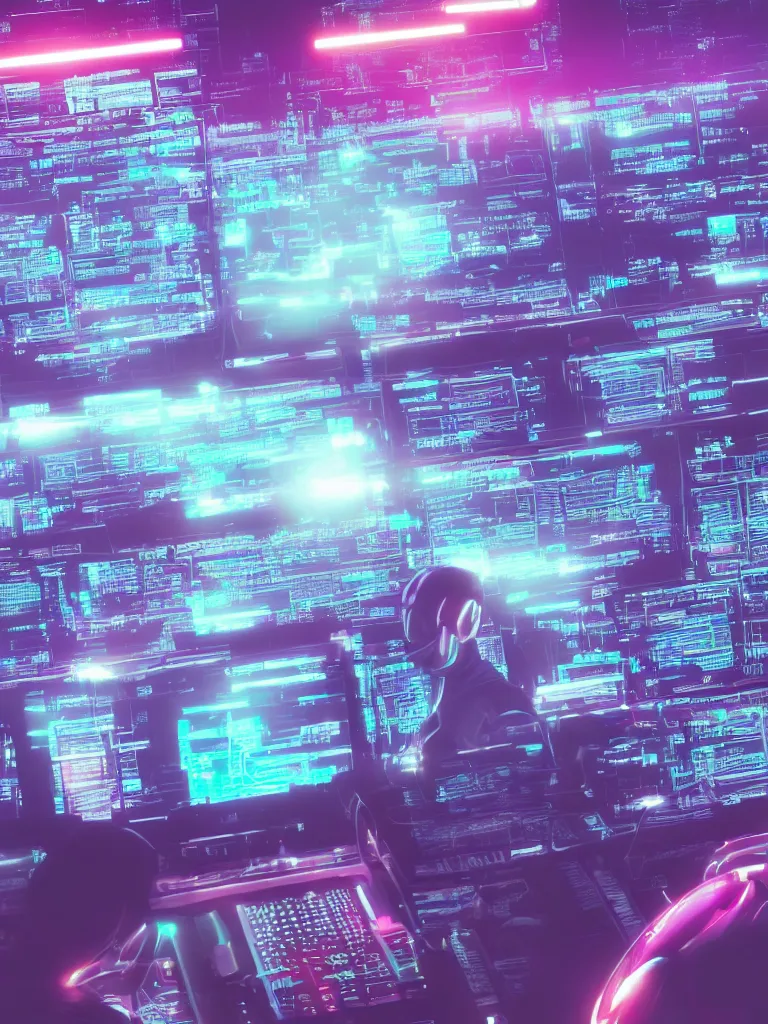 Prompt: programmer coding in front of a thousand screens, synthwave, digital art, artstation