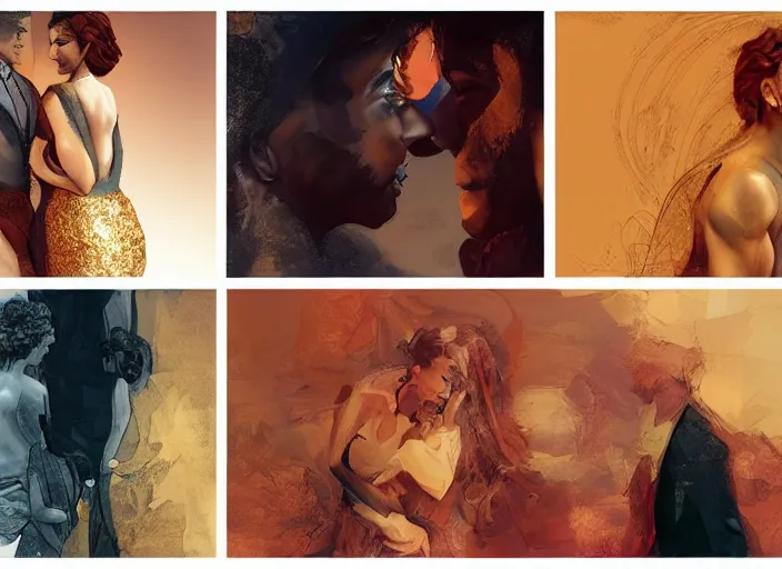 Image similar to man and woman in pose of couple vol 2 photo reference pack for artists, spirit hugs, gold trim, atmoshperic, elegant, sharp focus, huge lips, poses by satine zillah, environment by hw 6 5 2 3, art by ilya ozornin, artstation, intricate details, concept art