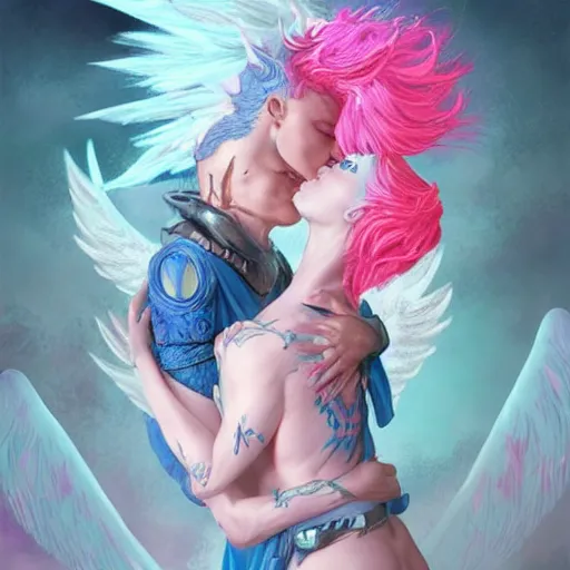 Image similar to fierce warrior mage kissing warrior angel with pink hair, blue piercing eyes, mystery, beautiful aesthetic, by james jean, trending on artstation, ultra realistic, iso 4 0 0, f - stop 2