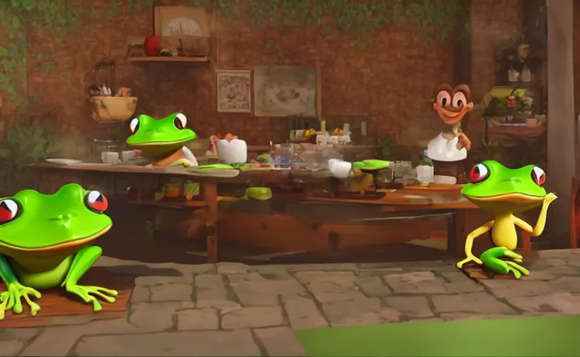 Prompt: ps 5 game about a cute frog chef in italy, unity screenshot,