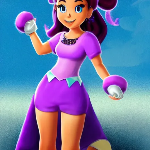 Prompt: The new Nintendo princess wearing purple who is a gorgeous supermodel feisty Latina with a confident attitude Nintendo concept art.
