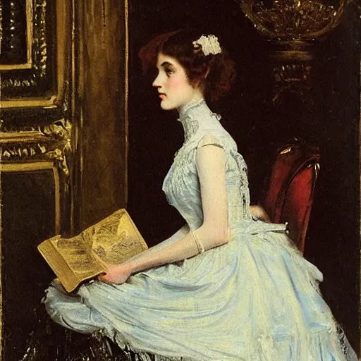 Image similar to young victorian lady in ball gown, absent - minded, holding a book, painted by alfred stevens