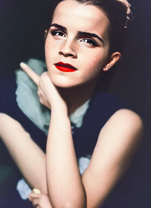 Image similar to Retro color photography 1940s portrait Hollywood headshot of Emma Watson Cinestill 800T, 1/2 pro mist filter, and 65mm 1.5x anamorphic lens