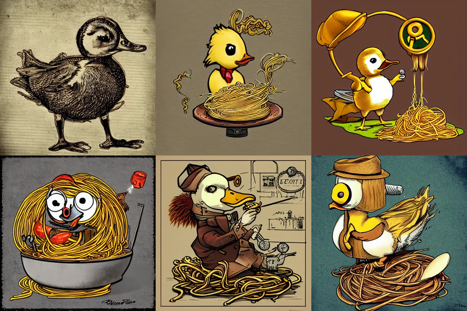 Prompt: steampunk duckling eat spaghetti