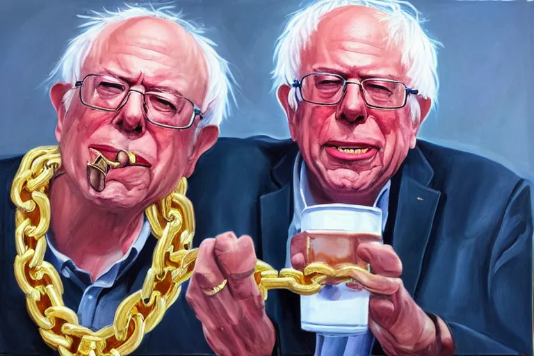 Image similar to Bernie Sanders as rap gold chains and gold teeth, drinking cough syrup, oil on canvas, artstation, portrait, masterpiece, aesthetic