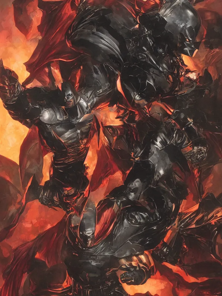 Prompt: ancient damned armored batman, dark and gritty, sci fi artwork, warm colors, by alex ross