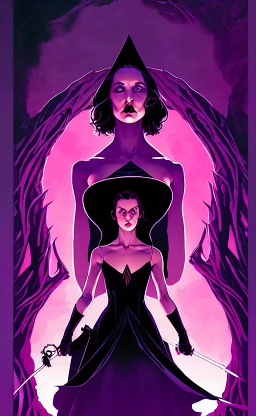 Image similar to rafael albuquerque comic cover art, artgerm, joshua middleton, pretty stella maeve witch doing black magic, serious look, purple dress, symmetrical eyes, symmetrical face, long black hair, full body, werewolf behind eva, twisted evil dark forest in the background, cool colors