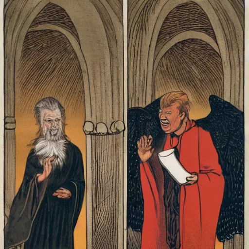 Image similar to lucifer and donald trump in a monastery yelling