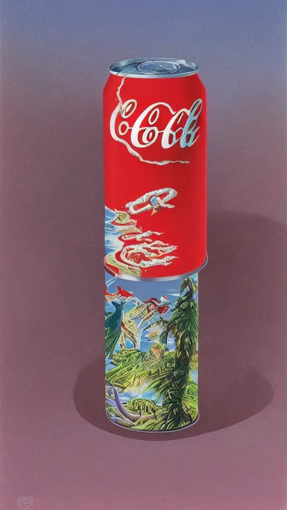 Prompt: 1 9 8 0 s airbrush surrealism illustration of a can of coke by roger dean