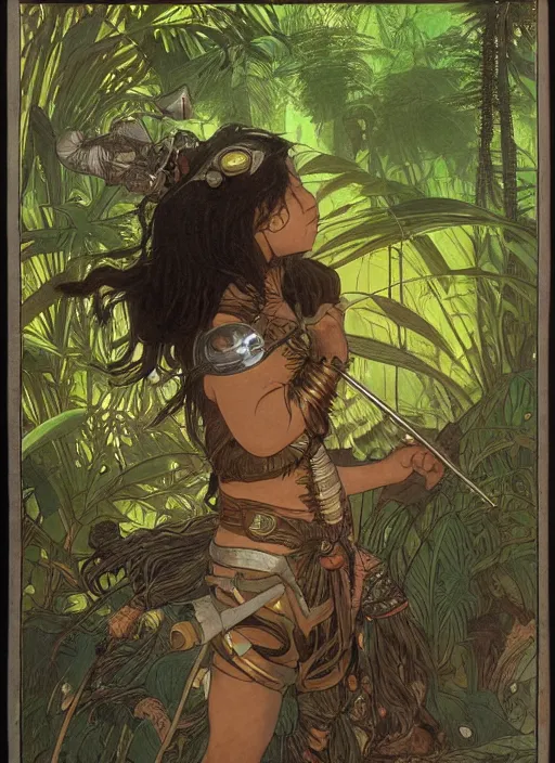 Prompt: portrait of a little epic cyborg warrior boy character with dark skin and beautiful symmetric face and long black hair and an armored tiger at his side in the middle of a lush jungle. diffuse night light, dramatic landscape, fantasy illustration, matte painting by mucha