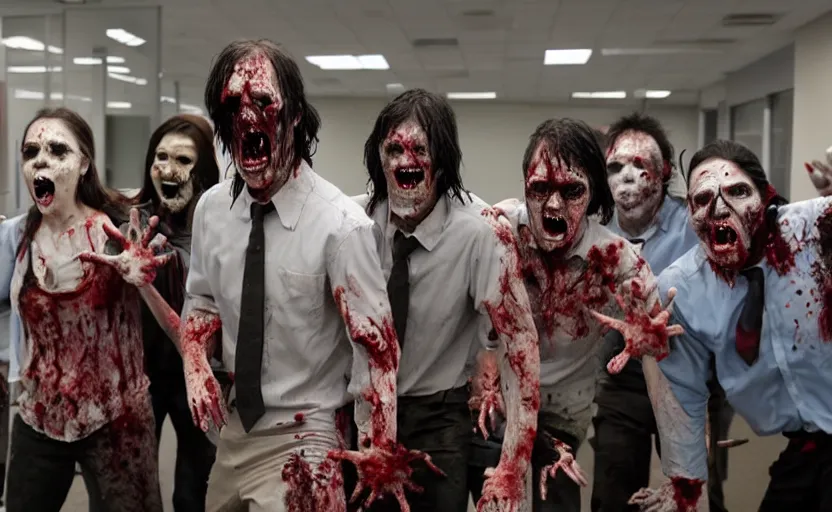 Prompt: a zombie invasion of a corporate office, horror flick