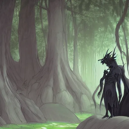 Image similar to concept art painting of an anthropomorphic dragon king with black robes, a long neck, and skull mask, in a deep forest, cel shaded, in the style of makoto shinkai and james gurney and studio ghibli and moebius