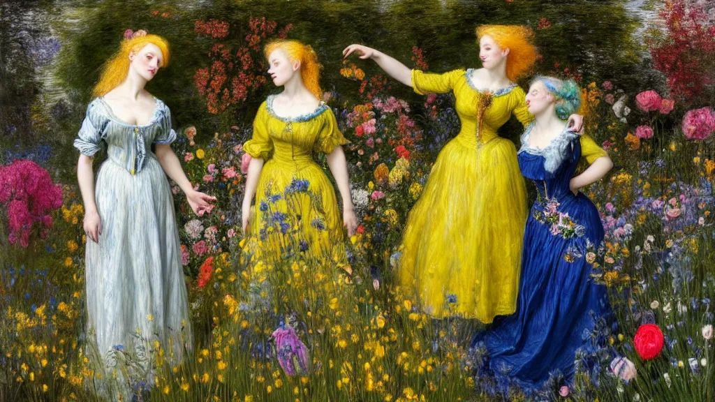 Image similar to photo-realistic portrait of two young women with neon yellow hair, wearing a blue dress by Vivienne Westwood, standing in a garden full of flowers, intricate details, in the style of John Everett Millais, black background