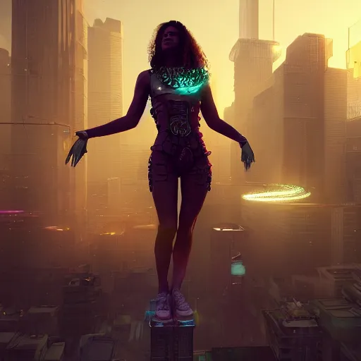 Image similar to A radiant goddess levitating in the middle of a cyberpunk city, a crowd worshipping her at her feet, cinematic, cinematic lighting, trending on Artstation, Cgsociety, detailed, 4k, very realistic