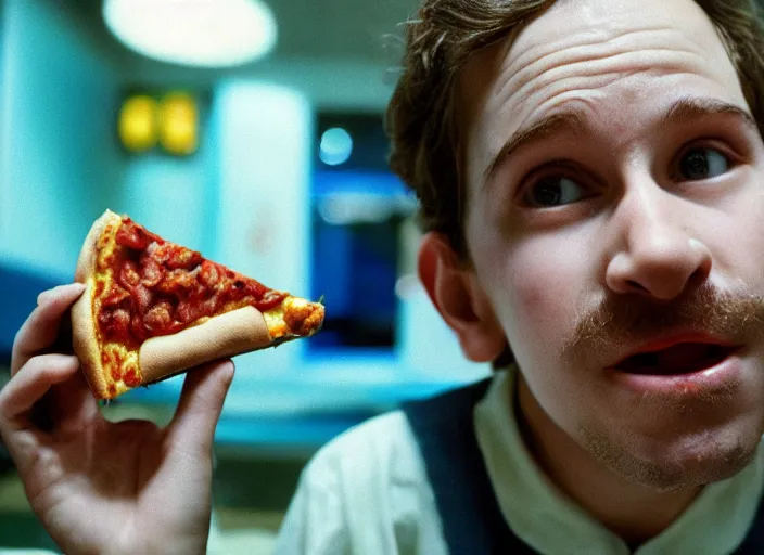 Image similar to detailed portrait of charlie kaufman eating pizza at chuck - e - cheese, dramatic lighting, moody film still from being john malkovich ( 2 0 1 0 ), 3 5 mm kodak color stock, 2 4 mm lens, directed by spike jonze, ecktochrome