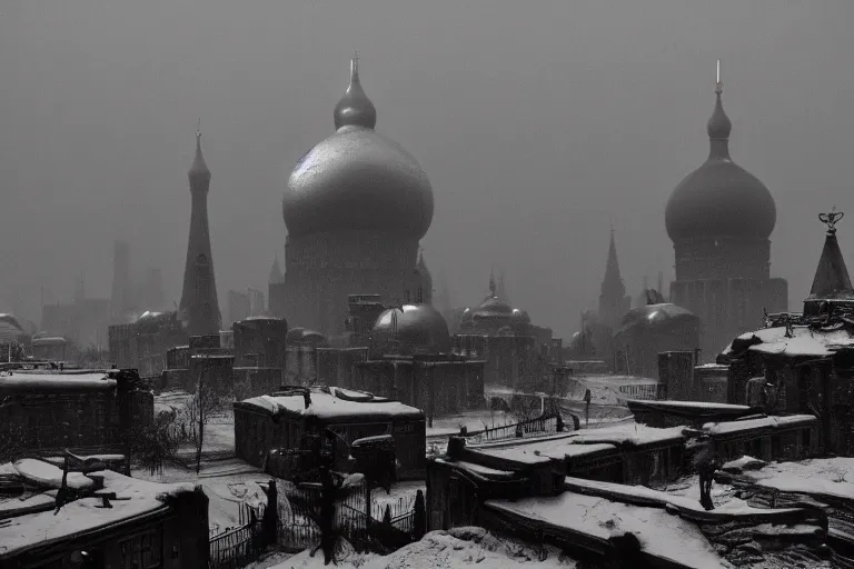 Prompt: Post-apocalyptic imperial russian city scene with a dark smog choked sky and a crowd of people freezing in the snow, black domes and spires, sci fi