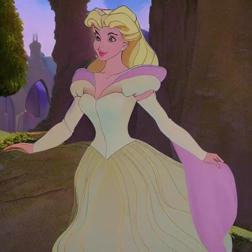 Image similar to rendered in unrealengine, soothing in the usa by don bluth, by marc silvestri. a painting, beauty & mystery of princess aurora. enigmatic smile & gaze invite us into her world, & we cannot help but be drawn in. soft features & delicate way she is dressed make her almost ethereal. landscape distance & mystery. what secrets princess aurora holds.