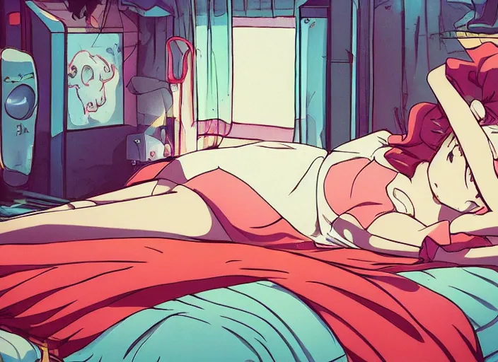 Prompt: girl laying on bed, boring, anime, 1 9 9 0 s, retro style, aesthetic, chill, room