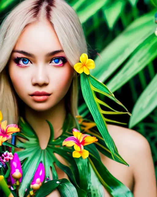 Image similar to an stunning beautiful eastern girl is surrounded by colourful tropical flowers and plants, symmetric face and eyes, upper body face shot, long straight blonde hair, visible face 5 0 mm f 2. 2