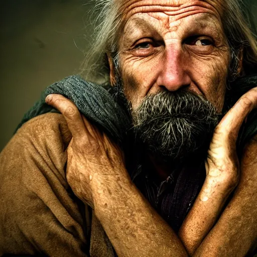 Image similar to portrait photography of homeless by annie leibovitz, perfect facial symmetry, dim volumetric cinematic lighting, 8 k, post - processing, extremely hyper - detailed, intricate, epic composition, masterpiece, stunning,