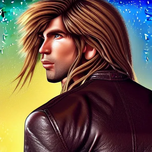 Prompt: muscular, long haired blonde man wearing a thick leather jacket, fantasy, digital art