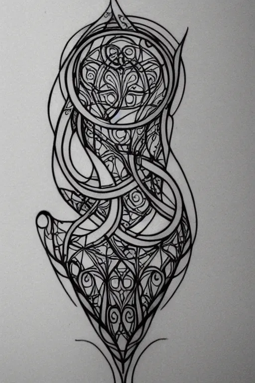Prompt: mirrored minimalist art nouveau tattoo, wide, intricate detail, simple lines, luminescent
