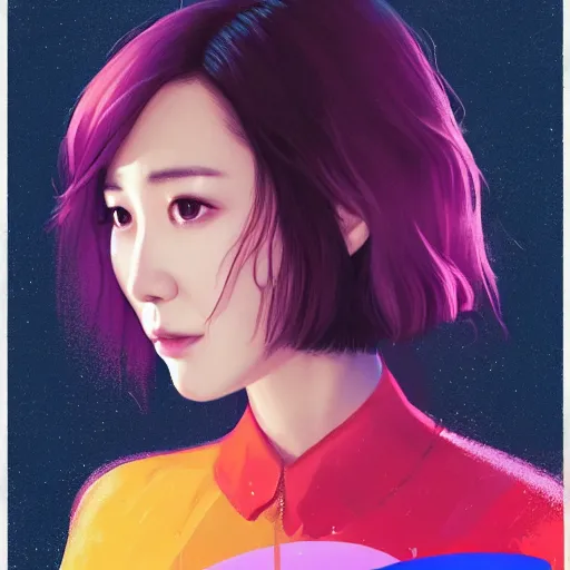 Image similar to half - electric park min young with cute - fine - face, pretty face, oil slick hair, perfect face, extremely fine details, volumetric lighting, dynamic background, poster by ilya kuvshinov katsuhiro otomo, magali villeneuve, artgerm, jeremy lipkin and michael garmash and rob rey, and silvain sarrailh