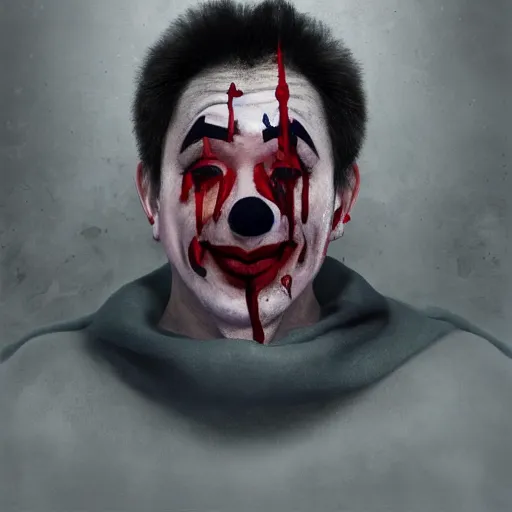 Prompt: clown cried with bloods, art by joongwon charles jeong, tjalf sparnaay, gottfried helnwein, roberto bernardi, emanuele dascanio, robin eley, eloy morales