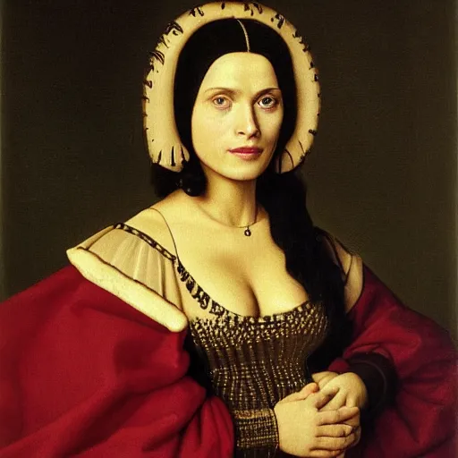 Prompt: a portrait of salma hayek by jan van eyck