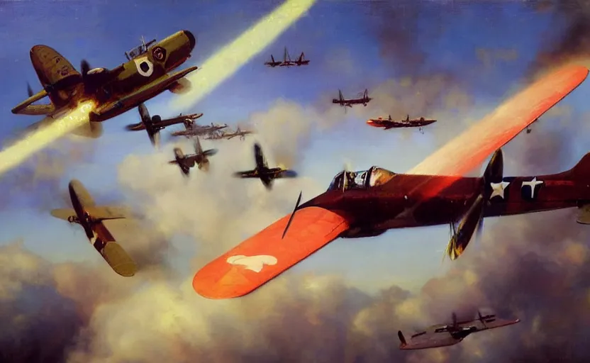 Prompt: wwii planes in an aerial dog fight by tony sart and delphin enjolras and daniel f. gerhartz