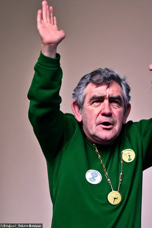 Image similar to gordon brown, his hair is black, wearing a green umbro tracksuit and gold necklace star with 1 3 points shaped medallion, hands raised in the air,