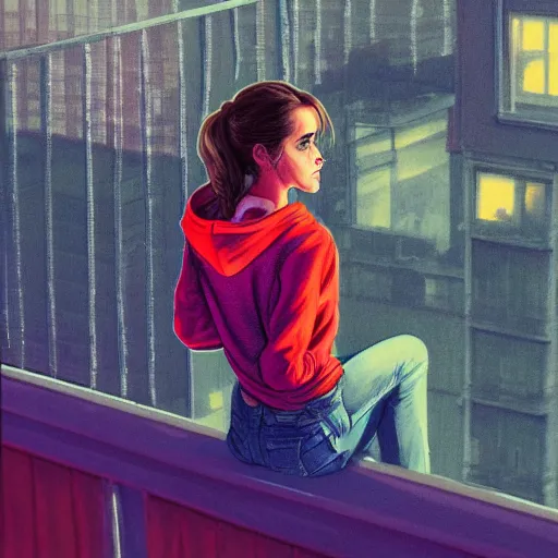 Prompt: emma watson in jeans and hoodie sitting on the balcony of a hotel at night, top view, neon and rainy theme atmosphere by Jerome Opeña, featured on artstation