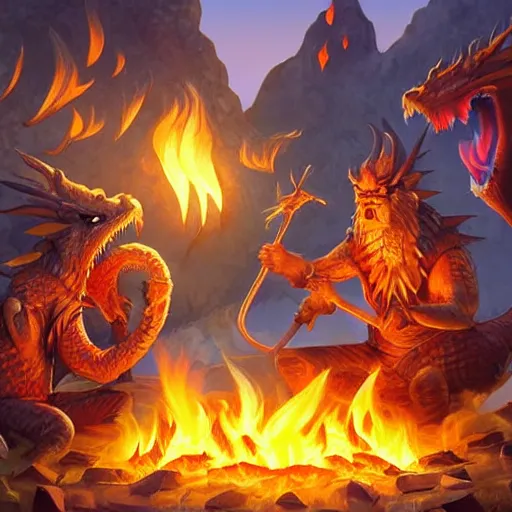 Image similar to dragons roasting kebabs near campfire, fire, magic, power metal album cover, fantasy epic legends game icon stylized digital illustration radiating a glowing aura global illumination ray tracing hdr fanart arstation by ian pesty and katarzyna da „ bek - chmiel