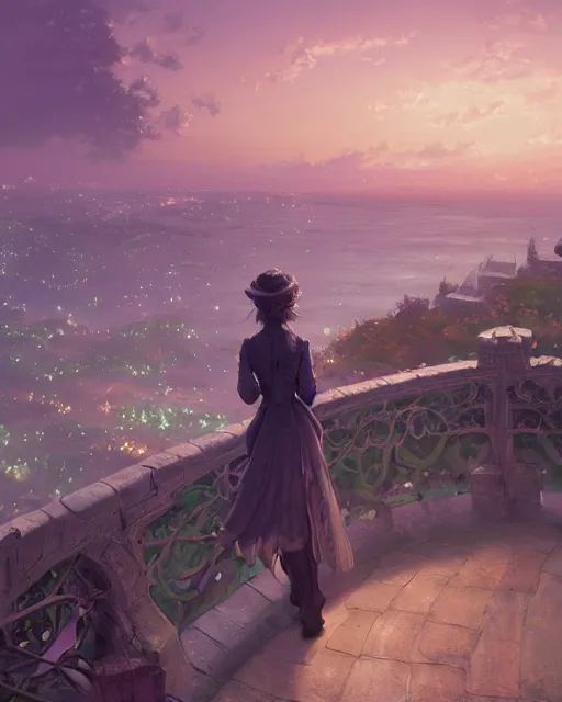 Image similar to over the shoulder landscape painting of violet evergarden, behind her is a distant old european city lights next to the reflecting ocean, nighttime, by Philipp A. Urlich and Pengzhen Zhang and Andreas Rocha, fantasy, intricate, elegant, highly detailed, digital painting, artstation, blender, unreal engine 5, octane render, smooth, sharp focus, illustration