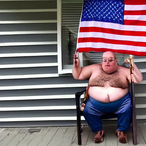 Prompt: an old fat shirtless man playing a banjo on his front porch in indiana sitting in a flannel chair with a usa flag hanging above him