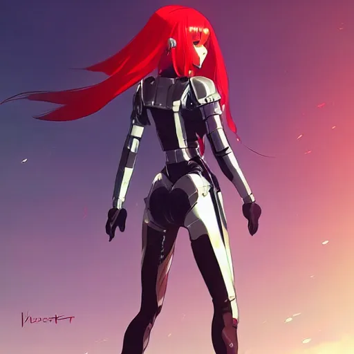 Prompt: girl in a futuristic armor with long red hair by Ilya Kuvshinov, Cushart Krenz, pixiv