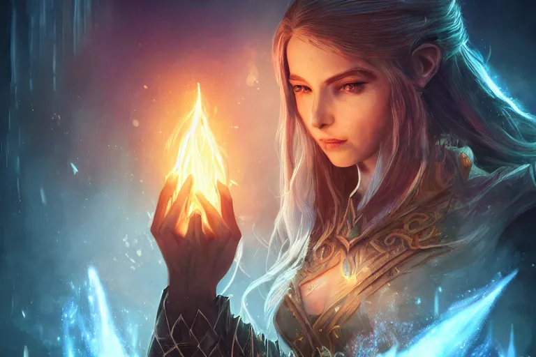 Image similar to ultra detailed fantasy, a beautiful magician with. a fire in her hand, realistic, dnd, rpg, lotr game design fanart by concept art, behance hd, artstation, deviantart, global illumination radiating a glowing aura global illumination ray tracing hdr render in unreal engine 5