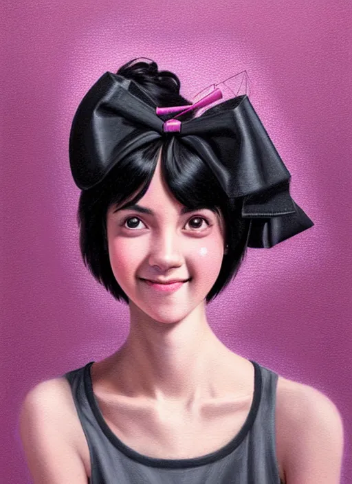 Image similar to portrait of high school girl, realistic, black hair, bangs, half updo hairstyle, pointy nose, skinny, smile, ugly, defined jawline, big chin, pink hair bow, earrings, intricate, elegant, glowing lights, highly detailed, digital painting, artstation, sharp focus, illustration, art by wlop, mars ravelo and greg rutkowski