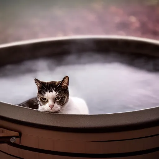 Prompt: photographic portrait by Annie Leibovitz of a cat in a hot tub, closeup, foggy, sepia, moody, dream-like, sigma 85mm f/1.4, 15mm, 35mm, 4k, high resolution, 4k, 8k, hd, full color