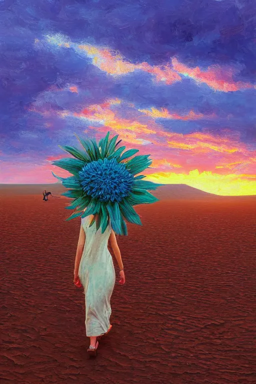 Prompt: giant corn flower head, girl walking in the desert, surreal photography, sunrise, dramatic light, impressionist painting, colorful clouds, digital painting, artstation, simon stalenhag