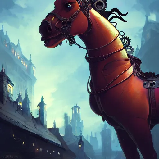 Prompt: steampunk horse, masterpiece, matte painting concept blizzard pixar maya engine on cold night stylized background splash comics global illumination lighting artstation lois van baarle, ilya kuvshinov, rossdraws