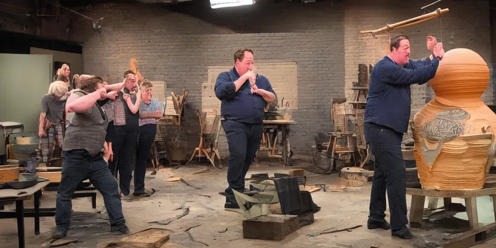 Prompt: johnny vegas making a very large clay teapot, art school, studio, wet clay, photorealistic, stand up comedy, audience, stage