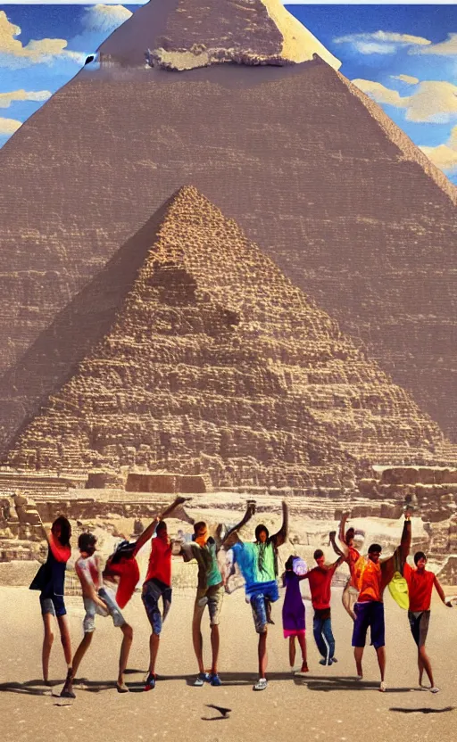 Prompt: beautiful detailed photorealistic painting of a group of friends dressed in front of the pyramid of giza. they are having fun. the friends are happy and having fun. vibrant, high quality, vibrant colors, very funny, beautiful, hq. hd. 4 k. award winning. trending on artstation