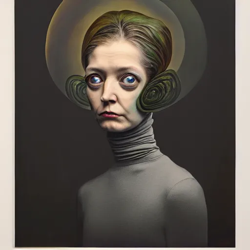 Prompt: a strange surrealist looming biomorphic portrait of a woman with large eyes wearing a black turtleneck by dali, marco mazzoni, james jean, todd school and rachel ruysch, emotionally evoking, head in focus, volumetric lighting, oil painting, timeless masterpiece, rendered in octane - h 7 0 4