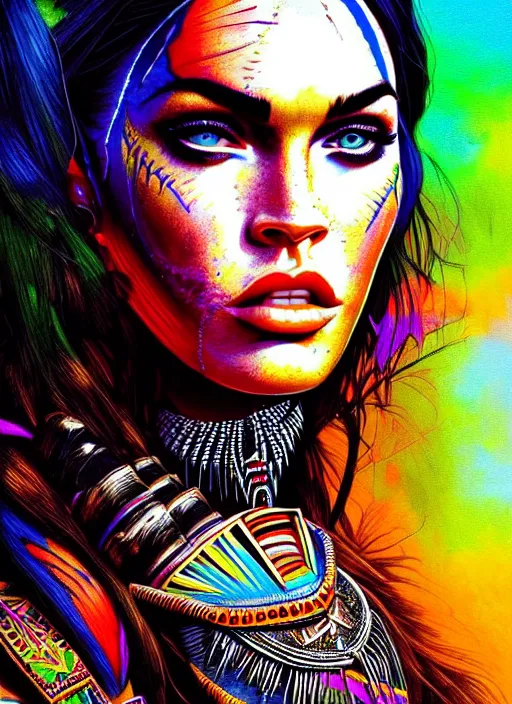 Image similar to portrait of megan fox, hyper detailed ultra sharp aztec shaman warrior. trending on artstation, warpaint aesthetic, bloodwave, colorful, psychedelic, ornate, intricate, digital painting, concept art, smooth, sharp focus, illustration, art by artgerm and greg rutkowski and h. r. giger, 8 k